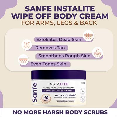 Sanfe Detan Body Cream Instalite Detan Wipe Off 1 Tone Brighter In 10 Mintues 200 gm - Intimate Hygiene