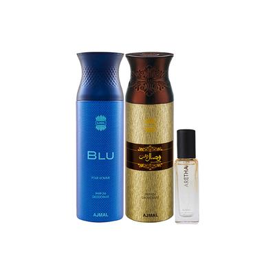 Ajmal Blu Homme & Wisal Dhahab Deo & Aretha EDP Pack of 3 20 ml - Women Perfumes (Edt/Edp)