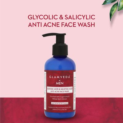 Glamveda Men Glycolic Acid and Salicylic Acid Anti Acne Face Wash 200 ml - Face Washes