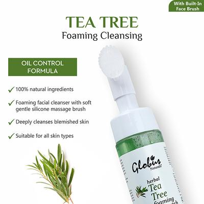 Globus Naturals Tea Tree Oil Control Foaming Face Wash With Built-In Face Massage Brush 150ml - Face Wash & Cleansers