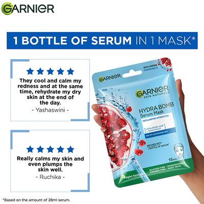 Garnier Skin Naturals, Hydra Bomb, Serum Mask Replumping Pomegranate For Dry , Dehydrated Skin 28gm - Sheet Masks