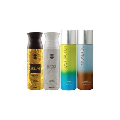 Ajmal 1 Aurum Femme, 1 Evoke Silver Edition For Him Homme, 1 Distraction And 1 Magnetize Deodorants Pack of 4 200 ml - Deodorants/Roll-Ons