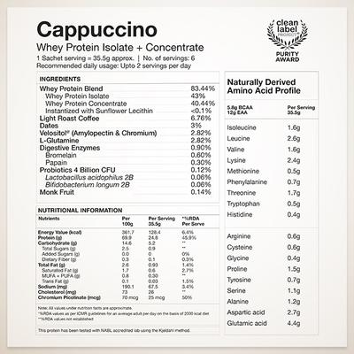 Wellbeing Nutrition Whey Protein Isolate + Concentrate (Cappuccino) 213 g - Nutritional Bars