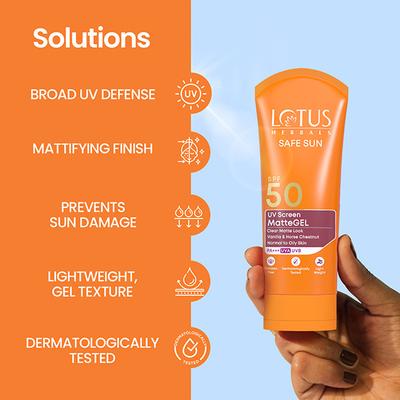 Lotus Herbals Safe Sun Uv Screen Mattegel Pa+++ Spf-50 50 Gm - Face Sunscreen