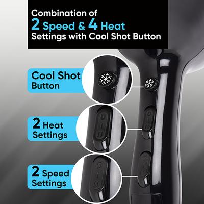 Vega Pro Touch 2000W For Women & Men With Cool Shot Button, 2 Heat/2 Speed Settings & 2 Nozzles (Vhdp-02) - Hair Dryers