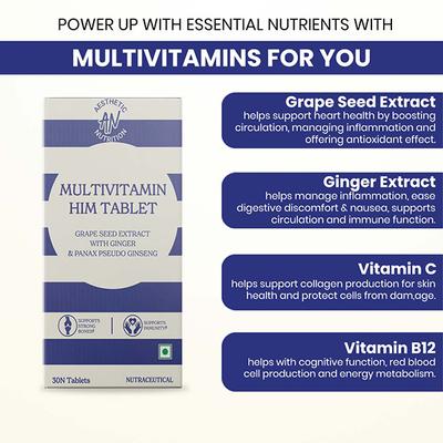 Aesthetic Nutrition Multivitamin Him With Grape Seed Extract, Ginger, And Panax Pseudo Ginseng For Energy, Vitality 30 Tablets 1's - Multi-Vitamins