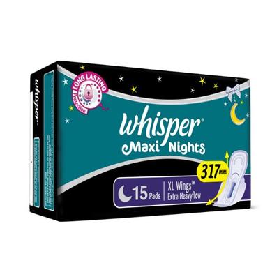 Whisper Maxi Nights Sanitary Pads for Women, XL, Pack of 15 Napkins 166 gm - Sanitary Napkins