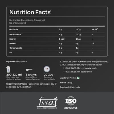Nutrabay Pure Beta Alanine Amino Acid Powder - Unflavoured 250 gm - Amino Acids