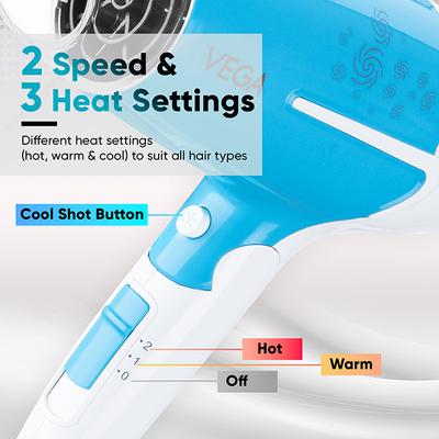 Vega U Style 1600W Foldable Hair Dryer for Women & Men with 2 Speed 3 Heat Settings, (VHDH-32) 380 g - Hair Dryers