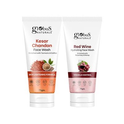 Globus Naturals Face Care Combo- Skin Lightening Kesar Chandan, Wrinkle Control Red Wine Face Wash 75gm each 2's - Face Wash & Cleansers