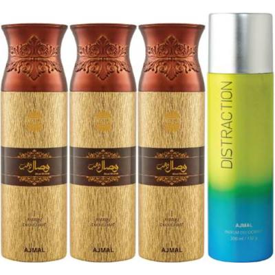 Ajmal 3 Wisal Dhahab For Men And 1 Distraction For Men & Women High Quality Deodorants Combo (Pack Of 4) 800 ml - Perfumes (Edt/Edp)