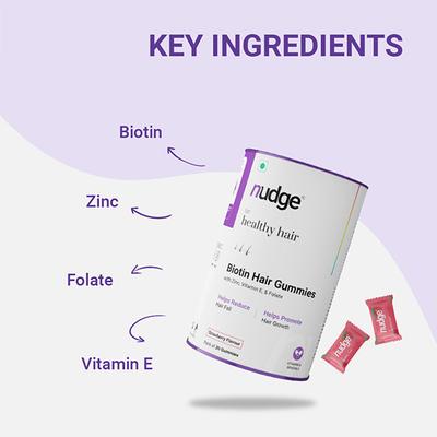 Nudge Wellness Biotin Hair Gummies With Zinc, Vitamin E & Folate for Thicker, Stronger & Shiner Hair 30 Gummies 30's - Hair & Skin