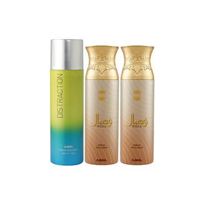 Ajmal 1 Distraction And 2 Wisal Deodorants Pack of 3 200 ml - Deodorants/Roll-Ons