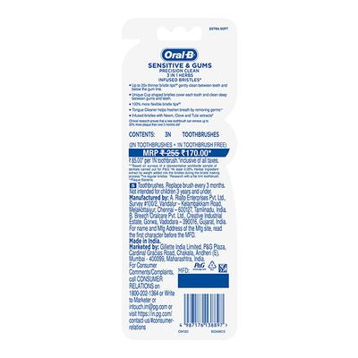 Oral B Sensitive & Gums - Precision Clean Toothbrush - 3 in 1 herbs infused bristles - 3 Toothbrushes 3's - Toothbrushes