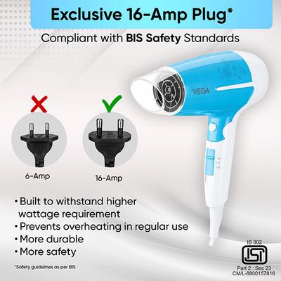 Vega U Style 1600W Foldable Hair Dryer for Women & Men with 2 Speed 3 Heat Settings, (VHDH-32) 380 g - Hair Dryers