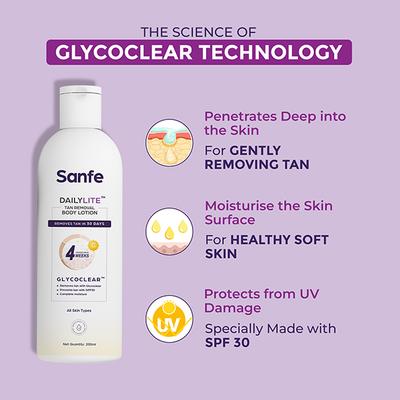 Sanfe Dailylite Tan Removal Body Lotion for Women Detan Non-Sticky Removes and Prevents Tan SPF 30 200 ml - Creams, Lotions & Oils