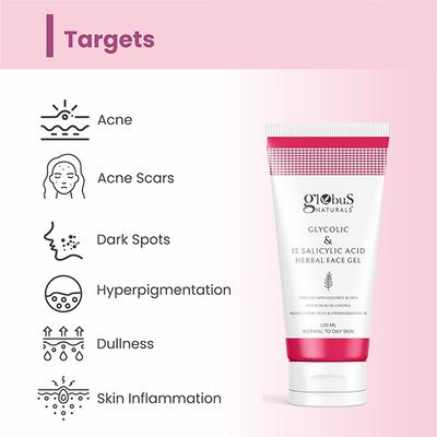 Globus Naturals Glycolic & 1% Salicylic Acid Herbal Anti Acne Face Gel, 100ml each 2's - Masks & Peels