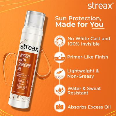 Streax Invisible Matte Gel Sunscreen SPF 50 PA+++, spf 50 , dry skin & combination skin 50 g - Face Sunscreen