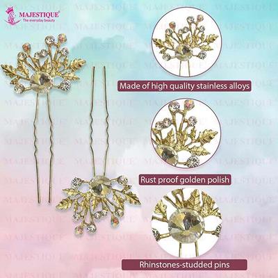 Majestique Flower Hair Clips Accessories Crystal Rhinestone Bridal Pin For Women, Girls 2's - Hair Clips/Bands