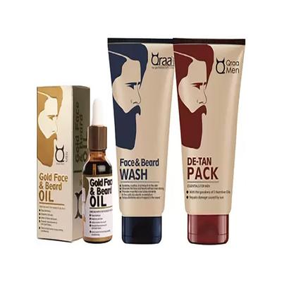 Qraa Men Gold Face And Beard Oil 30ml + Face and Beard Wash 100gm + De-Tan Pack For Men 1's - Face Washes