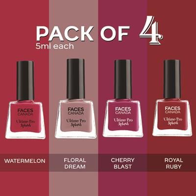 Faces Canada Ultime Pro Splash Mini Nail Enamel, Floral Dream + Royal Ruby + Cherry Blast + Watermelon, 20ml 4's - Nail Polish