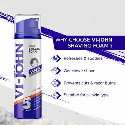 VI-John Classic Regular Skin Vitamin E Enriched 5 Way Action Shaving Foam for Men with Tea Tree Oil 200ml - Shaving Foams