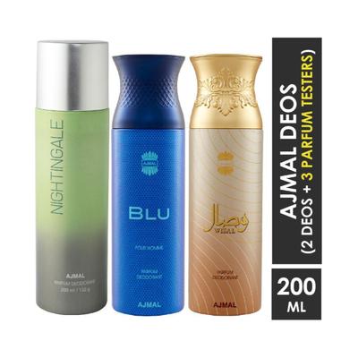 Ajmal 1 Nightingale For Men & Women, 1 Blu Homme For Men And 1 Wisal For Women High Quality Deodorants Combo (Pack Of 3) 600 ml - Perfumes (Edt/Edp)