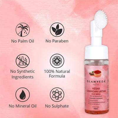 Glamveda Kesar Chandan Ubtan Foaming Face Wash With Soft Silicone Brush 150 ml - Face Washes