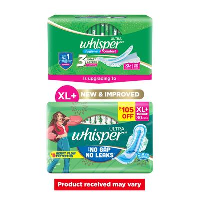 Whisper Ultra Hygiene + Comfort with Soft Wings Sanitary Pads (XL+) 30's - Sanitary Napkins
