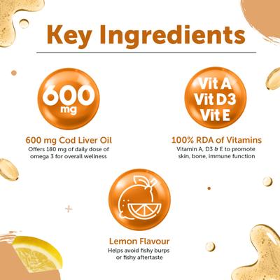 Neuherbs Deep Sea Cod Liver Oil Softgels - Lemon Flavour 100's - Omega Fish Oil Fatty Acids