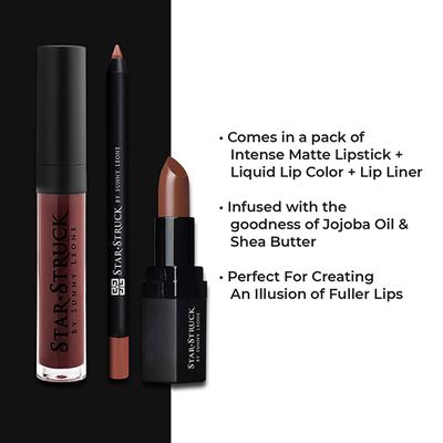 Star Struck by Sunny Leone Cinnamon Lip Kit Lipstick and Lip Gloss and Lip Liner 3's - Lipsticks