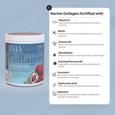 Inja Wellness Beauty Collagen For Skin, Hair & Nails, with Vit C, Glutathione,Biotin & More -Lychee Flavour 125 gm - Hair & Skin