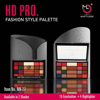 Matt Look HD Pro Fashion Style Palette, 16 Eyeshadow + 4 Highlighter, Multicolor - 02 30 gm - Face Palettes