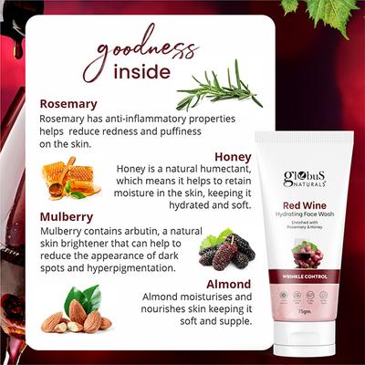 Globus Naturals Red Wine Hydrating Face Wash, Enriched with Rosemary & Honey, 75gm each 2's - Face Wash & Cleansers