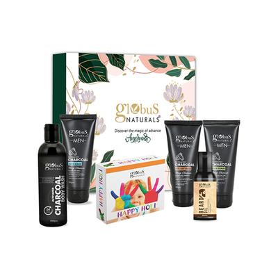 Globus Naturals Pre and Post Holi Ritual Ayurvedic Skin Care Gift Box for Men, for All Skin Types- Face Wash 100gm, Face Scrub 100gm, Peel Off Mask 100gm, Beard Oil 50ml, Body Wash 200ml 1's - Makeup Kits & Sets