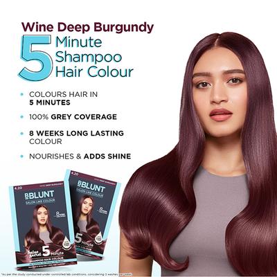 Bblunt Wine Deep Burgundy 5 Minute Shampoo Hair Colour for 100 Percent Grey Coverage 20ml x 5 1's - Sachet/Shampoo