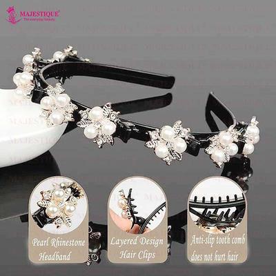 Majestique Double Layer Twist Plait Headband With Pearl Flower Alligator Clips - 3 Pcs Multicolor 1's - Hair Clips/Bands