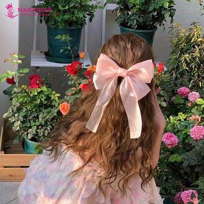 Majestique Big Satin Layered Hair Bows For Women, Long Tail Ribbon Barrettes Clip Accessories Best Gift - Pink 1's - Hair Clips/Bands