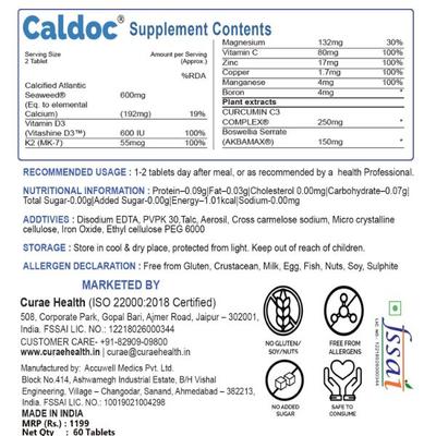 Curae Health Caldoc Plant Calcium Vitamin D3 Tablets 60's - Calcium And Minerals