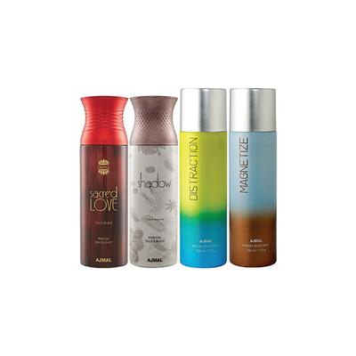 Ajmal 1 Sacred Love, 1 Shadow Homme, 1 Distraction And 1 Magnetize Deodorants Pack of 4 200 ml - Deodorants/Roll-Ons