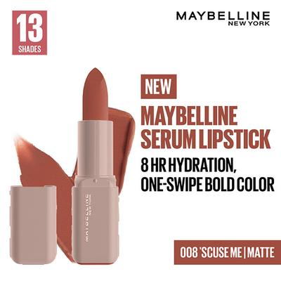 Maybelline New York Serum Lipstick (Matte) 8Hr Hydration + one-swipe bold color - 008 'Scuse Me 4.5 g - Lipsticks