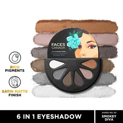 Faces Canada 6 In 1 Eyeshadow Palette Olive Butter & Macadamia Oil - Smokey Diva 03, 6gm - Eye Shadow Palettes