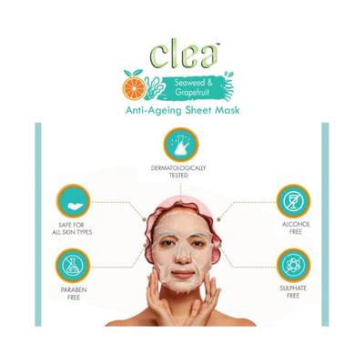 Clea Seaweed & Grapefruit Face Sheet Mask Anti-Ageing Face Sheet Mask Dermatologically Tested Made with Natural Actives 20 gm - Masks & Peels
