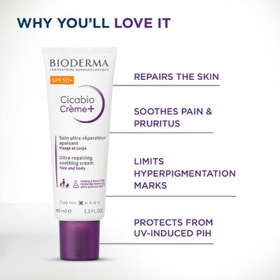 Bioderma Cicabio SPF 50+ Repairing Cream For Damaged Skin - Water-Proof & Scar Treatment 40 ml - Body Sunscreen