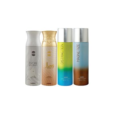 Ajmal 1 Evoke Silver Edition For Him, 1 Wisal, 1 Distraction And 1 Magnetize Deodorants Pack of 4 200 ml - Deodorants/Roll-Ons