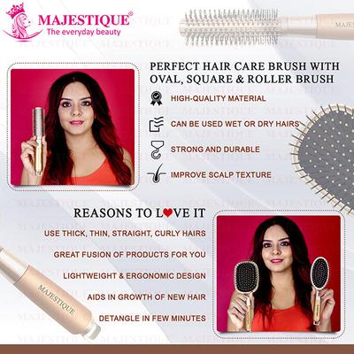 Majestique Paddle Detangling, Oval and Round Hair Brush Set for Blow Drying and Detangler 3's - Hair Brushes