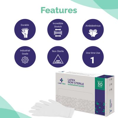 Care View Non Sterile Latex Medical Examination Hand Gloves 100's - Surgical Consumable