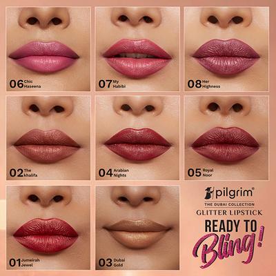 Pilgrim Glitter Lipstick Dubai Gold-03 Luxurious 3-D Glitter Formula With Matte Finish Tranparent 4.2 g - Lipsticks