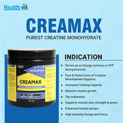Healthvit Fitness Creamax Creatine Monohydrate Powder - Unflavored 300 gm - Workout Essentials