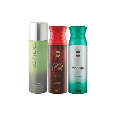 Ajmal 1 Nightingale, 1 Sacred Love And 1 Raindrops Femme Deodorants Pack of 3 200 ml - Deodorants/Roll-Ons